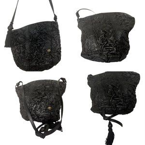 Carlo Fiori Vintage Black Snakeskin Bucket Shoulder Bag with corded tassel.